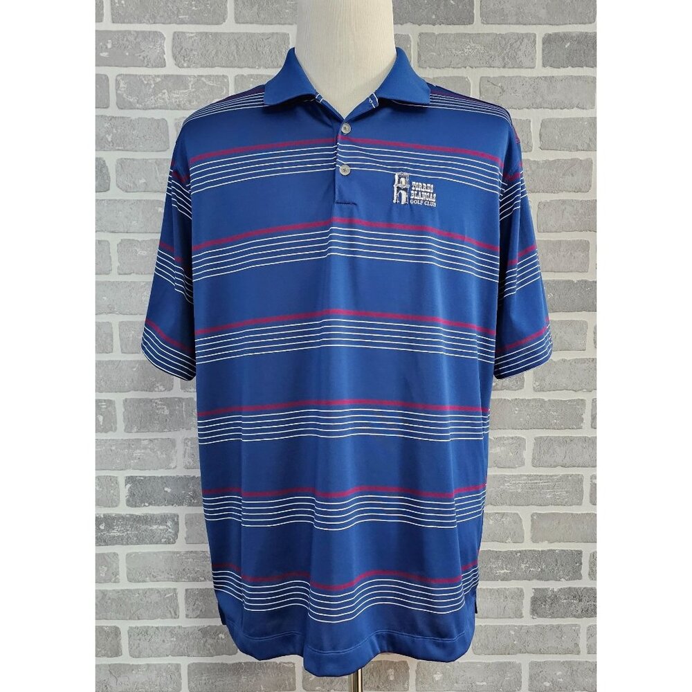 Nike Golf Polo Shirt Men's XL Blue Red Striped Torres Blancas Golf‎ Club Spain
